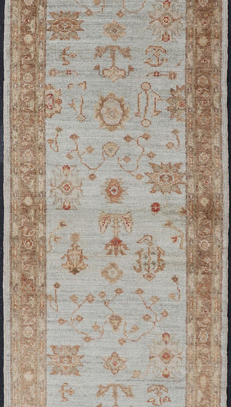 Turkish Angora Oushak Turkish Runner with Angora Wool in Sky Blue, Brown and Red Turkish Oushak Runner, rug AN - 97747, country of origin / type: Turkey / Oushak, circa Early - 21st Century. Measures: 2'7 x 11'1. - Keivan Woven ArtsAN - 97747 - 1508Rug