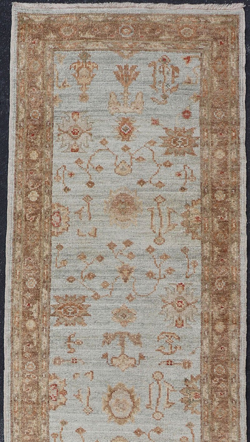 Turkish Angora Oushak Turkish Runner with Angora Wool in Sky Blue, Brown and Red Turkish Oushak Runner, rug AN - 97747, country of origin / type: Turkey / Oushak, circa Early - 21st Century. Measures: 2'7 x 11'1. - Keivan Woven ArtsAN - 97747 - 1508Rug