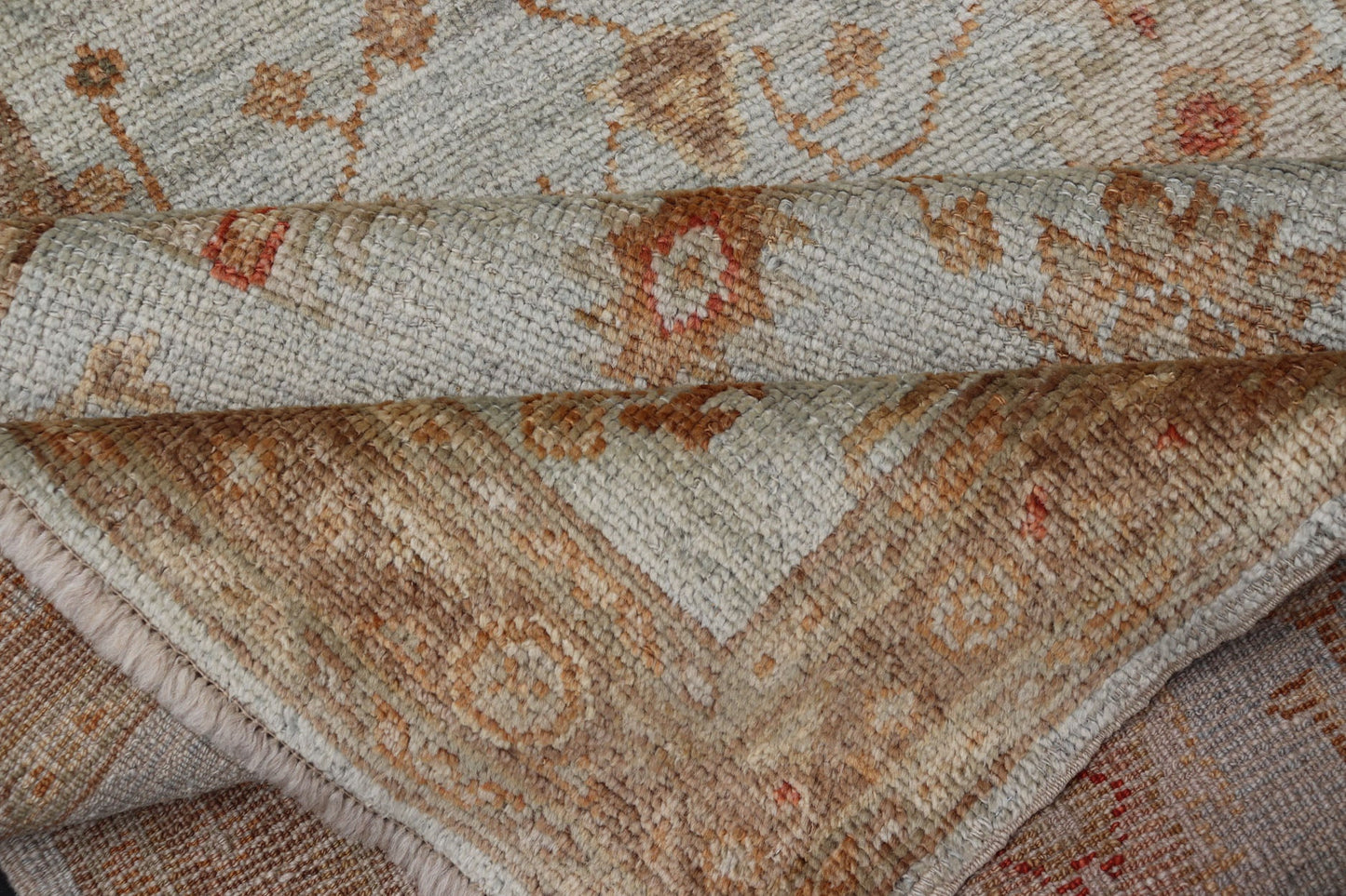Turkish Angora Oushak Turkish Runner with Angora Wool in Sky Blue, Brown and Red Turkish Oushak Runner, rug AN - 97747, country of origin / type: Turkey / Oushak, circa Early - 21st Century. Measures: 2'7 x 11'1. - Keivan Woven ArtsAN - 97747 - 1508Rug