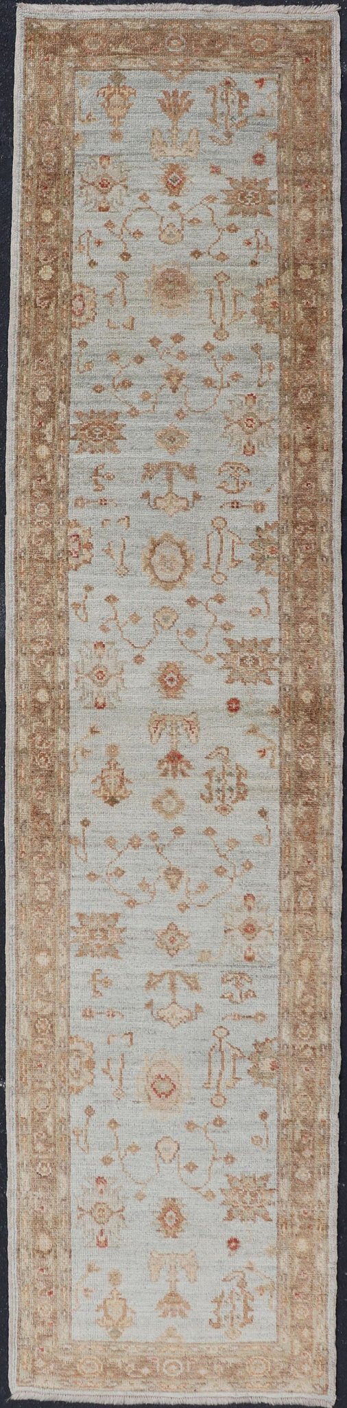 Turkish Angora Oushak Turkish Runner with Angora Wool in Sky Blue, Brown and Red Turkish Oushak Runner, rug AN - 97747, country of origin / type: Turkey / Oushak, circa Early - 21st Century. Measures: 2'7 x 11'1. - Keivan Woven ArtsAN - 97747 - 1508Rug