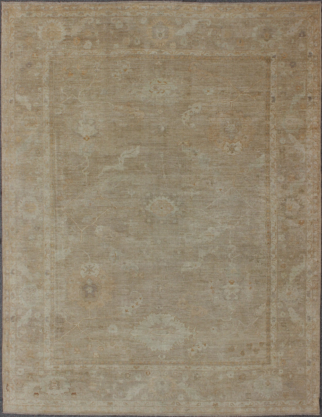 Very Large neutral Angora Oushak in warm tones. wheat, light blue, cream. Turkish Reproduction Oushak Rug. Large Oushak, Angora Oushak 15'3 x 19'5 A stunning muted and neutral Turkish angora Oushak carpet with an all over sub - geometric d... - Keivan Woven ArtsANC - 110073 - 2653Rug