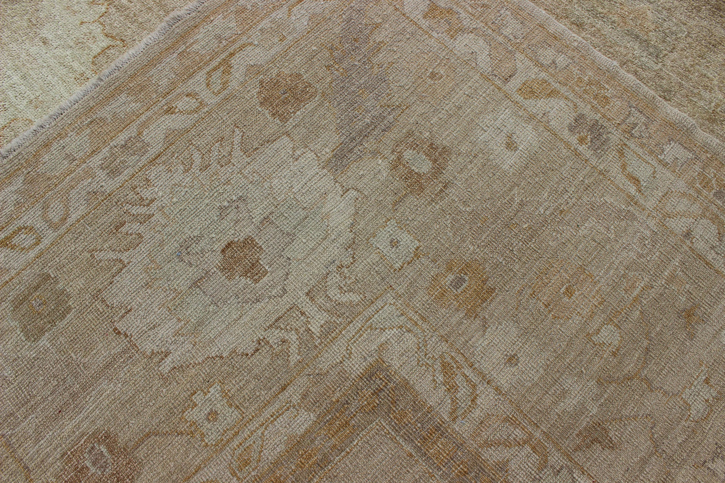 Very Large neutral Angora Oushak in warm tones. wheat, light blue, cream. Turkish Reproduction Oushak Rug. Large Oushak, Angora Oushak 15'3 x 19'5 A stunning muted and neutral Turkish angora Oushak carpet with an all over sub - geometric d... - Keivan Woven ArtsANC - 110073 - 2653Rug
