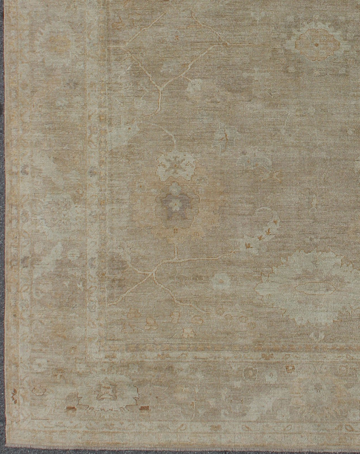 Very Large neutral Angora Oushak in warm tones. wheat, light blue, cream. Turkish Reproduction Oushak Rug. Large Oushak, Angora Oushak 15'3 x 19'5 A stunning muted and neutral Turkish angora Oushak carpet with an all over sub - geometric d... - Keivan Woven ArtsANC - 110073 - 2653Rug