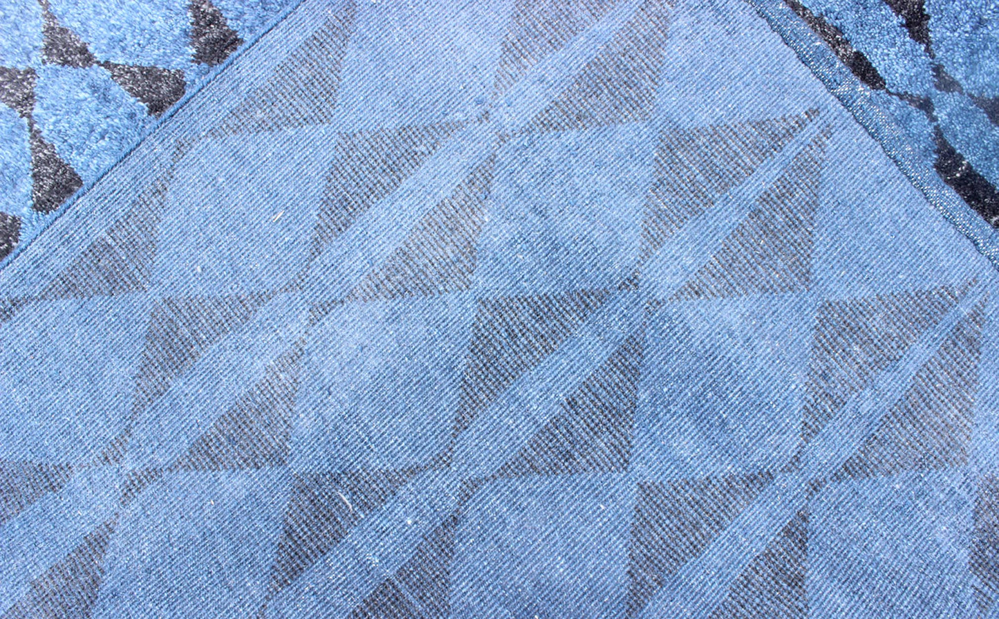 Blue and Black Moroccan Tribal Rug. This fascinating Tribal styled Moroccan rug hailing from India features an all - over diamond and circular patterning rendered in blue and black, making this a great piece for modern, transitional and casual in... - Keivan Woven ArtsAPE - 180 - 9672 - 7447Rug