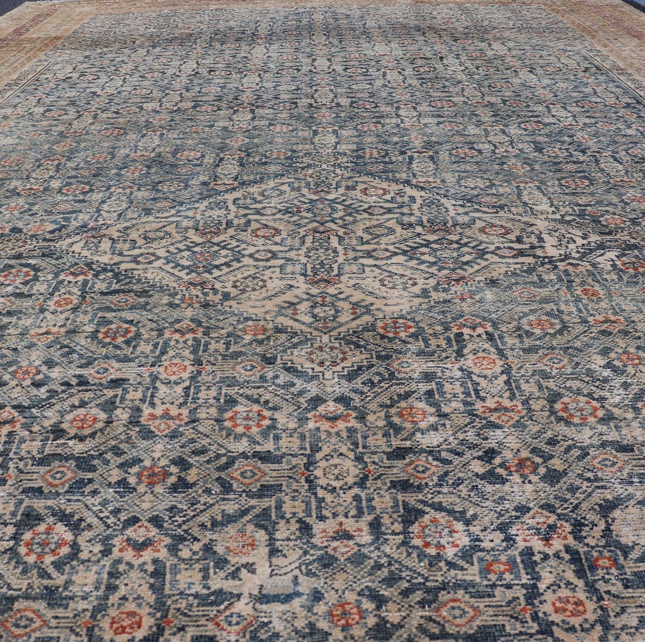 Large Antique Gallery Persian Malayer Runner in Herati Design On A Blue Field. Keivan Woven Arts / rug/ AVI - 230501, country of origin / type: Iran / Malayer, circa 1900. Measures: 10'4 x 20'0 This distressed antique Malayer gallery rug from 1900... - Keivan Woven ArtsAVI - 230501 - 24468Rug