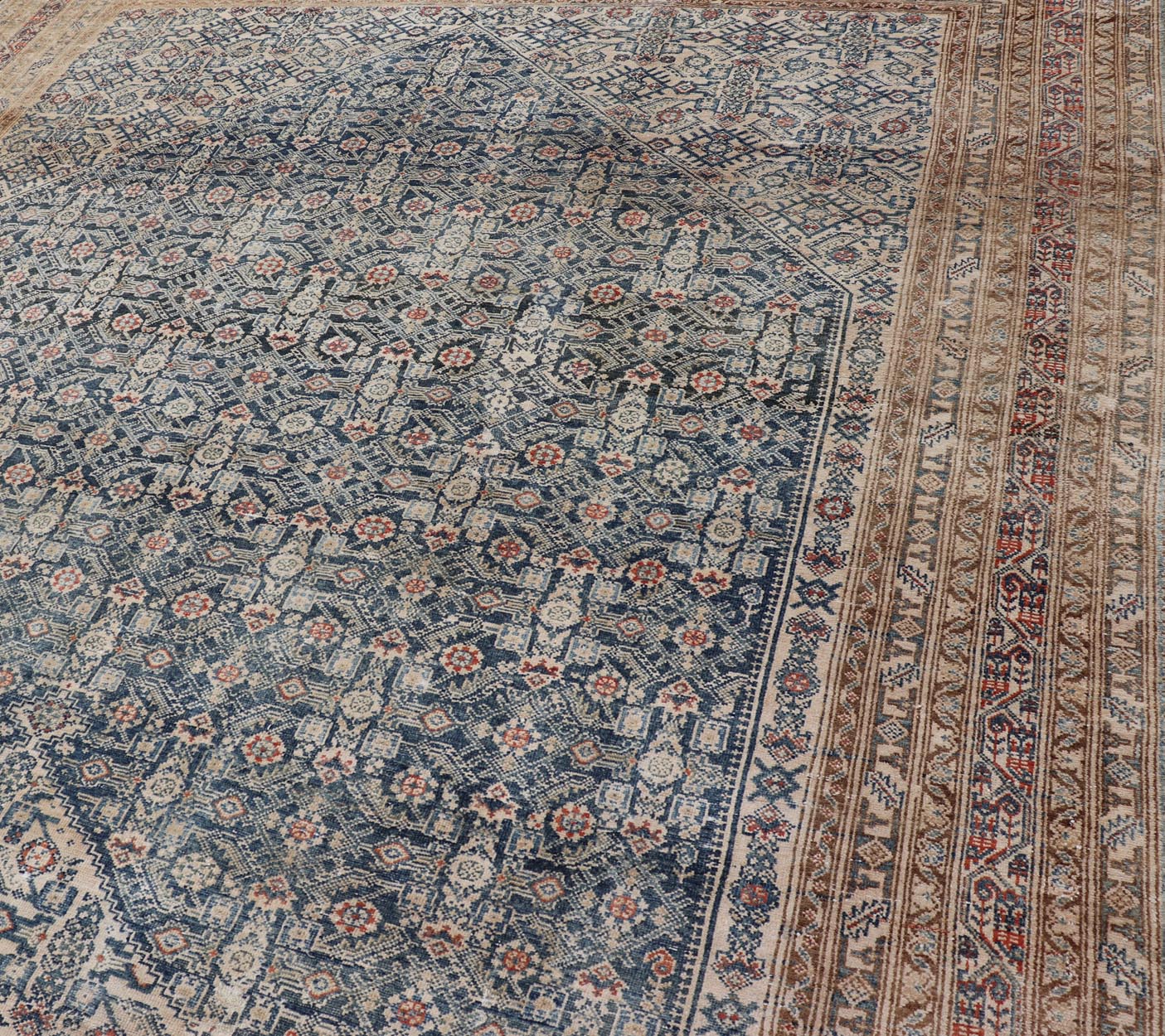 Large Antique Gallery Persian Malayer Runner in Herati Design On A Blue Field. Keivan Woven Arts / rug/ AVI - 230501, country of origin / type: Iran / Malayer, circa 1900. Measures: 10'4 x 20'0 This distressed antique Malayer gallery rug from 1900... - Keivan Woven ArtsAVI - 230501 - 24468Rug