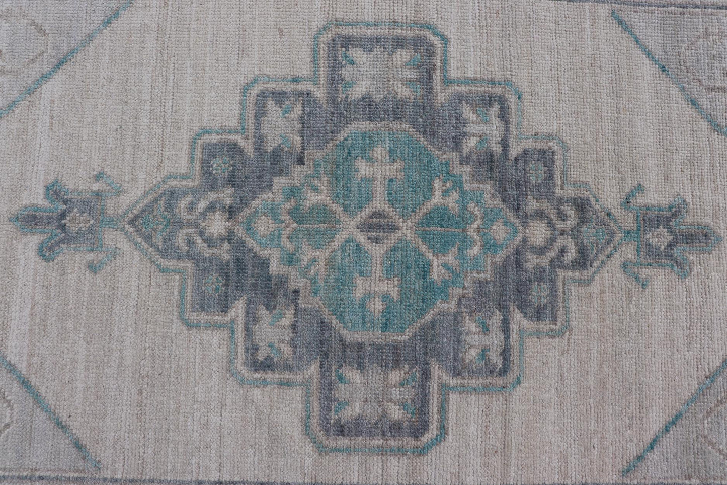 Modern Oushak with Off White Background with A Large Tribal Medallion in Teal. Measures: 3'1 x 5'3 This Oushak featuring a center tribal medallion in the center of off white background and the light gray border also. Colors are gray, cre... - Keivan Woven ArtsAWR - 10719 - 21541Rug