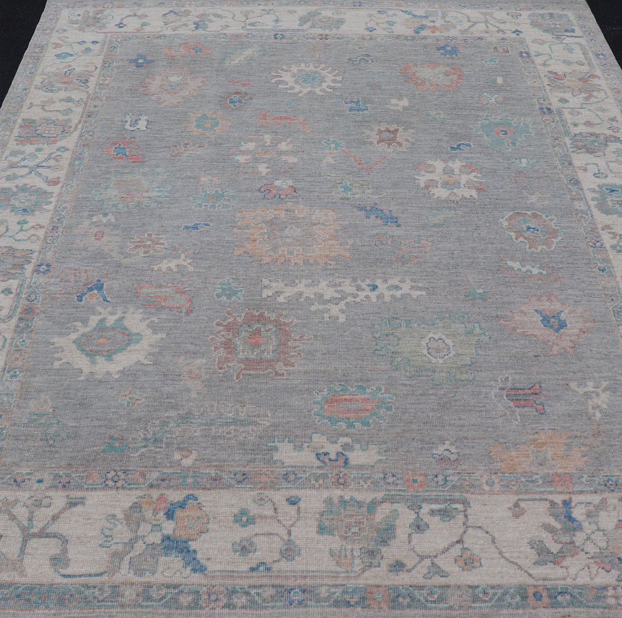 Measures: 7'10 x 9'8 All Over Modern Floral Oushak with A Light Blue - Gray Field and Border With Color. Keivan Woven Arts; rug AWR - 12018 Country of Origin: Afghanistan Type: Oushak Design: All - Over, Floral, Arabesque - Floral 21st Century This ... - Keivan Woven ArtsAWR - 12018 - 23360Rug