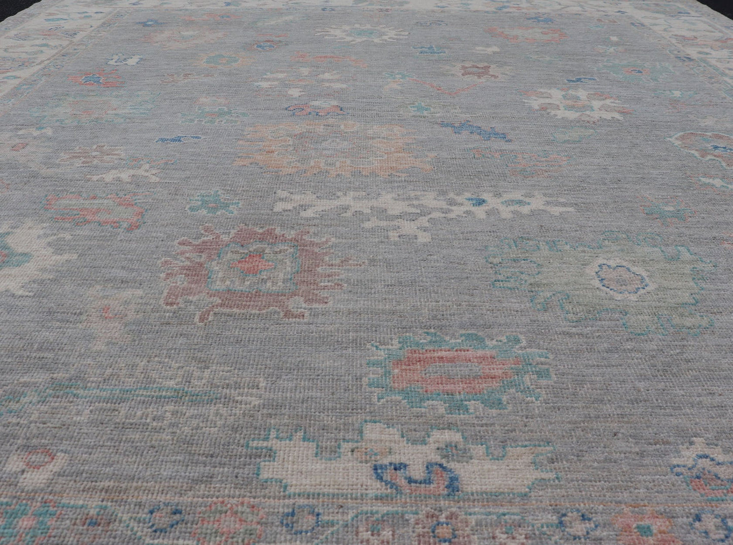 Measures: 7'10 x 9'8 All Over Modern Floral Oushak with A Light Blue - Gray Field and Border With Color. Keivan Woven Arts; rug AWR - 12018 Country of Origin: Afghanistan Type: Oushak Design: All - Over, Floral, Arabesque - Floral 21st Century This ... - Keivan Woven ArtsAWR - 12018 - 23360Rug