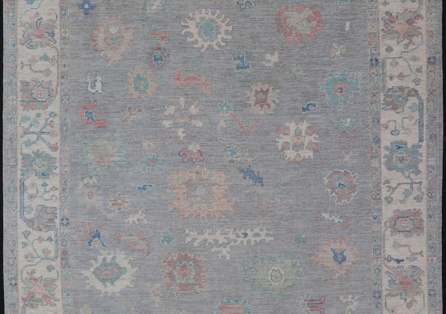Measures: 7'10 x 9'8 All Over Modern Floral Oushak with A Light Blue - Gray Field and Border With Color. Keivan Woven Arts; rug AWR - 12018 Country of Origin: Afghanistan Type: Oushak Design: All - Over, Floral, Arabesque - Floral 21st Century This ... - Keivan Woven ArtsAWR - 12018 - 23360Rug