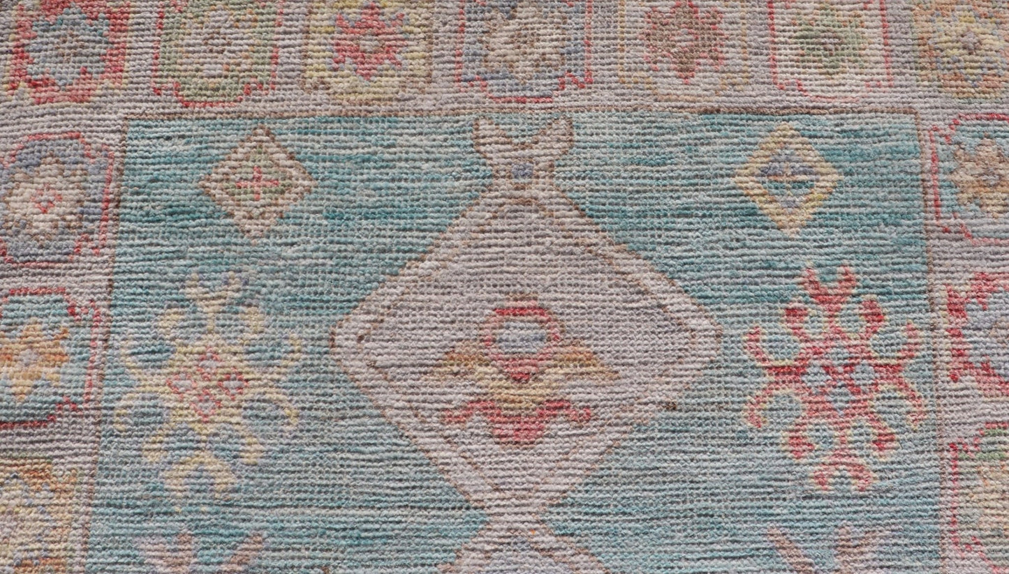 Measures: 2'5 x 6'5 Modern Small Oushak Runner with Teal - Blue Background and Medallion Motif. Keivan Woven Arts; rug AWR - 12192 Country of Origin: Afghanistan Type: Oushak Circa 2020 - This contemporary runner showcasing the distinct large... - Keivan Woven ArtsAWR - 12192 - 23223Rug