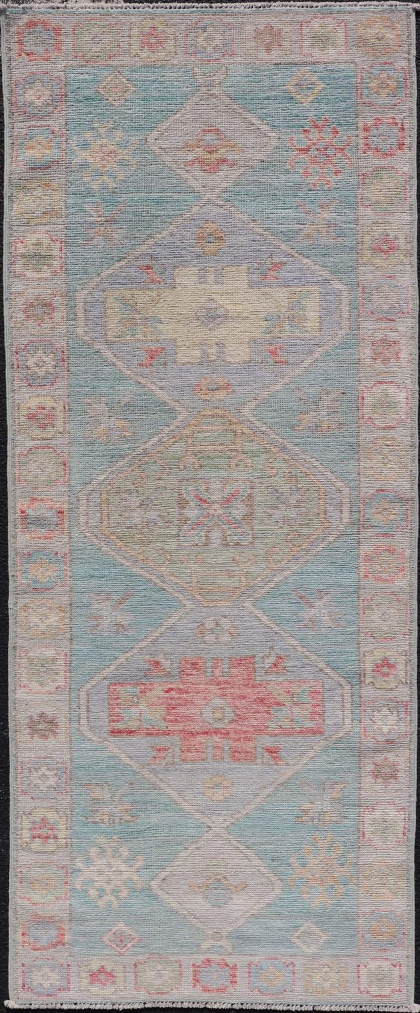 Measures: 2'5 x 6'5 Modern Small Oushak Runner with Teal - Blue Background and Medallion Motif. Keivan Woven Arts; rug AWR - 12192 Country of Origin: Afghanistan Type: Oushak Circa 2020 - This contemporary runner showcasing the distinct large... - Keivan Woven ArtsAWR - 12192 - 23223Rug