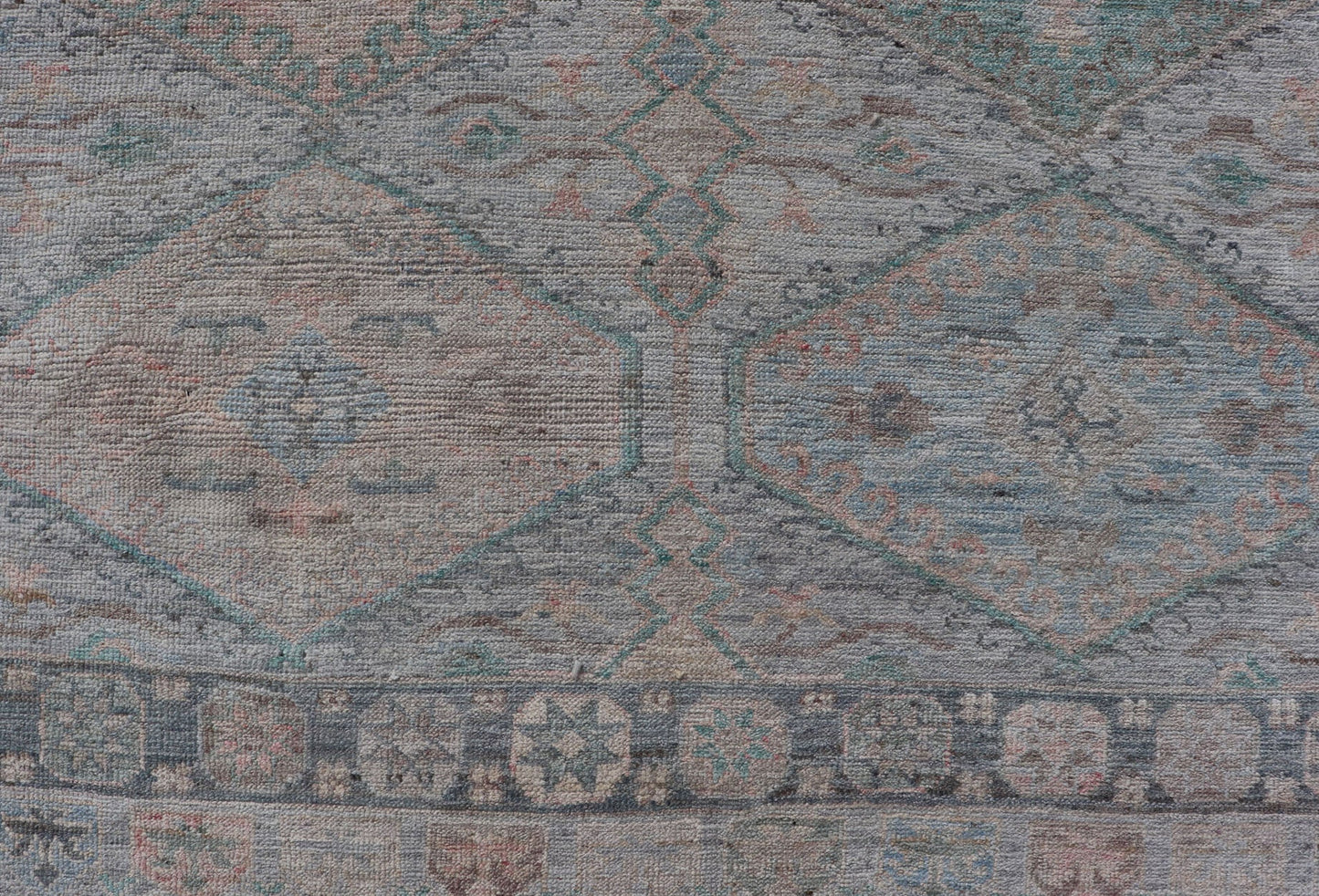 Measures: 4'11 x 6'3 Large Medallion Design Modern Oushak on a Light Blue Field With Multi Colors. Keivan Woven Arts; rug AWR - 12297 Country of Origin: Afghanistan Type: Oushak Circa 2020 This modern Oushak features large medallions in the cente... - Keivan Woven ArtsAWR - 12297 - 23235Rug