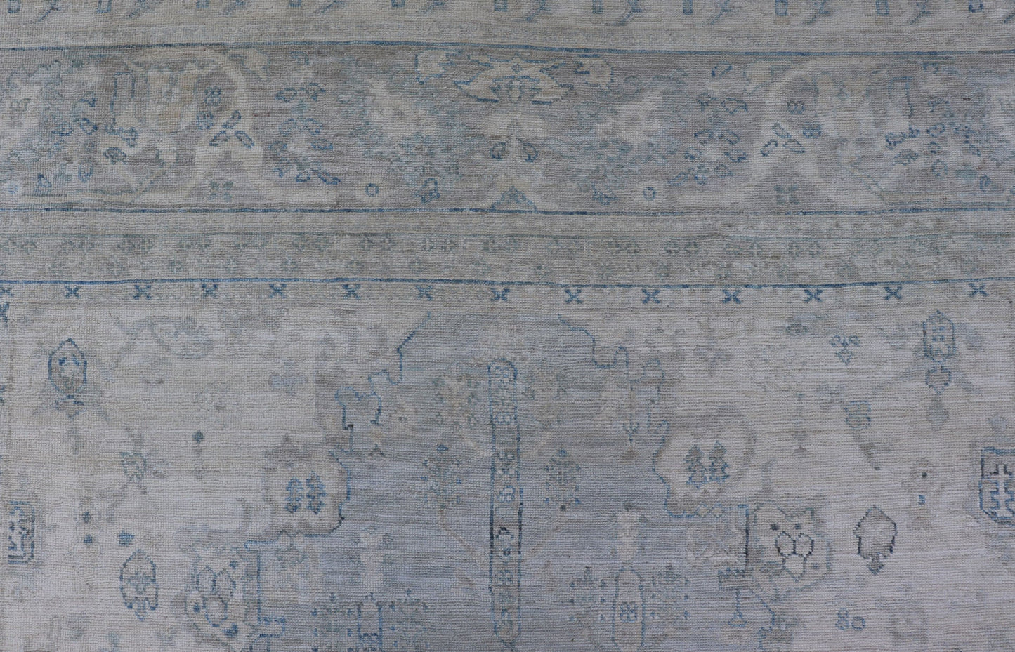 Measures: 8'10 x 11'8 Modern Designed Rug With A Light Blue Background and Tribal Medallion Motifs. Keivan Woven Arts; rug AWR - 12323 Country of Origin: Afghanistan Type: Oushak Design: Floral, Medallion Abstract - Tribal This Oushak presents ... - Keivan Woven ArtsAWR - 12323 - 23396