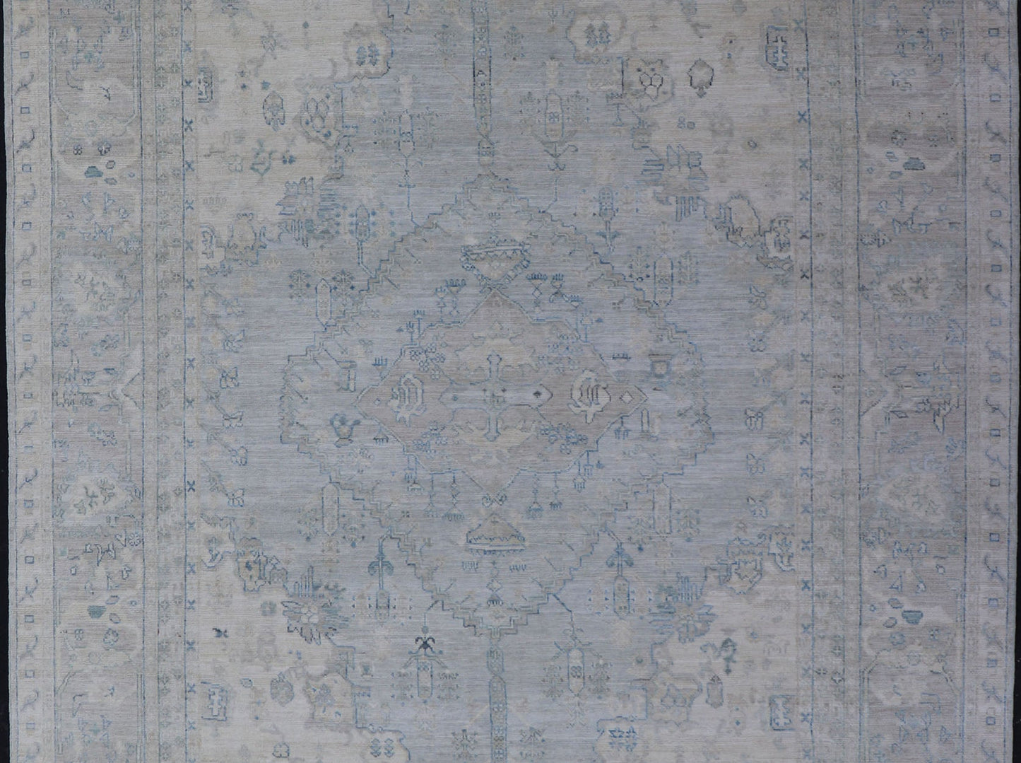 Measures: 8'10 x 11'8 Modern Designed Rug With A Light Blue Background and Tribal Medallion Motifs. Keivan Woven Arts; rug AWR - 12323 Country of Origin: Afghanistan Type: Oushak Design: Floral, Medallion Abstract - Tribal This Oushak presents ... - Keivan Woven ArtsAWR - 12323 - 23396