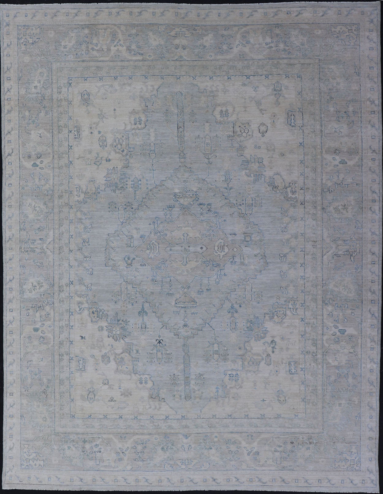 Measures: 8'10 x 11'8 Modern Designed Rug With A Light Blue Background and Tribal Medallion Motifs. Keivan Woven Arts; rug AWR - 12323 Country of Origin: Afghanistan Type: Oushak Design: Floral, Medallion Abstract - Tribal This Oushak presents ... - Keivan Woven ArtsAWR - 12323 - 23396