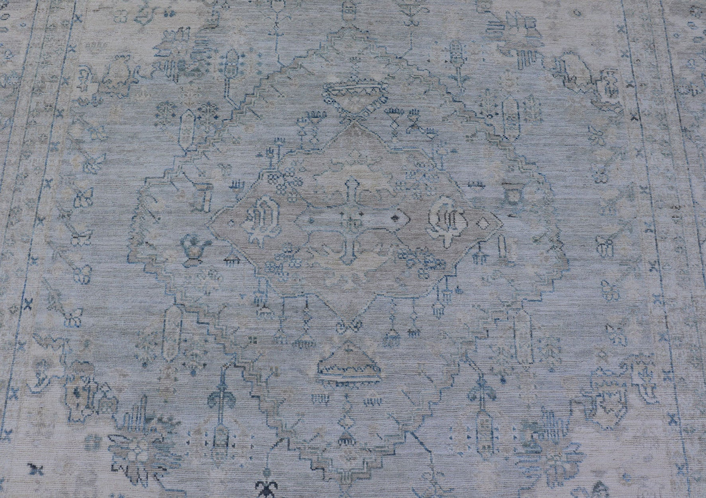 Measures: 8'10 x 11'8 Modern Designed Rug With A Light Blue Background and Tribal Medallion Motifs. Keivan Woven Arts; rug AWR - 12323 Country of Origin: Afghanistan Type: Oushak Design: Floral, Medallion Abstract - Tribal This Oushak presents ... - Keivan Woven ArtsAWR - 12323 - 23396