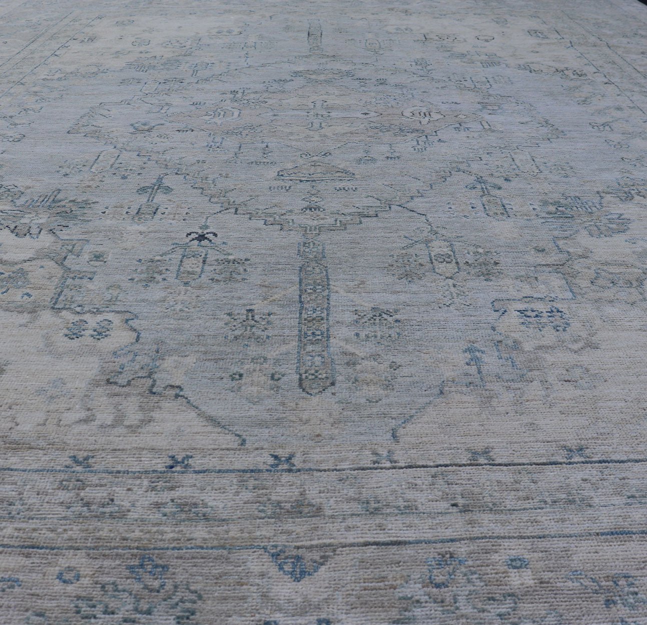 Measures: 8'10 x 11'8 Modern Designed Rug With A Light Blue Background and Tribal Medallion Motifs. Keivan Woven Arts; rug AWR - 12323 Country of Origin: Afghanistan Type: Oushak Design: Floral, Medallion Abstract - Tribal This Oushak presents ... - Keivan Woven ArtsAWR - 12323 - 23396