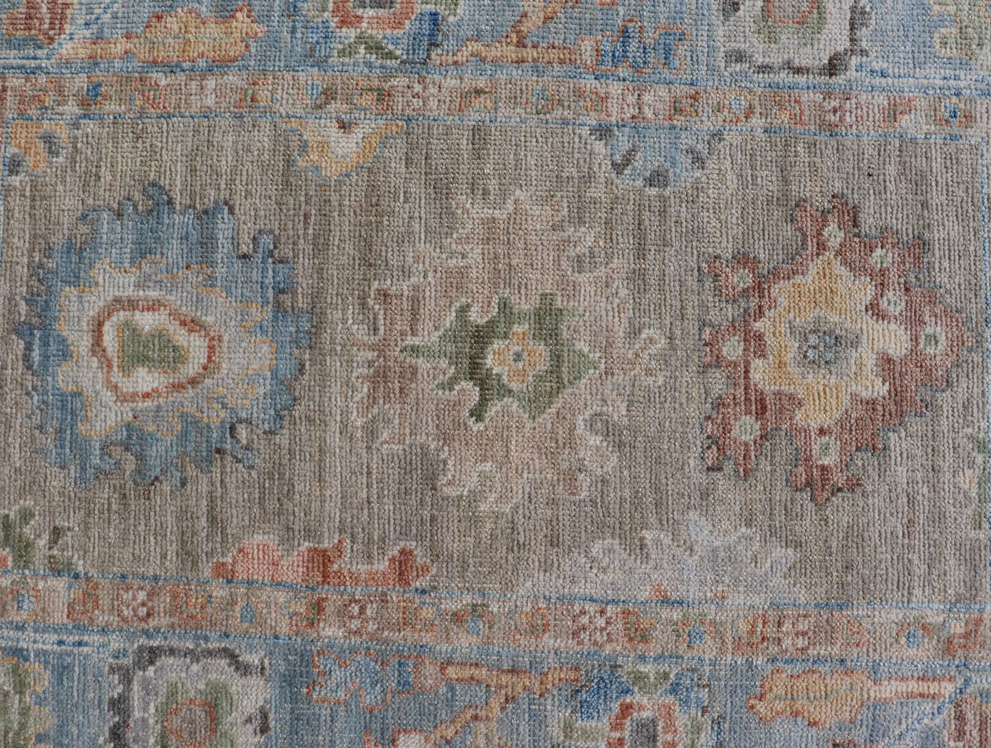 Measures: 2'7 x 4'0 Modern Floral Oushak With Sandy - Brown Background and A Sky Blue Border. Keivan Woven Arts; rug AWR - 12378 Country of Origin: Afghanistan Type: Oushak Design: Floral, Arabesque, All - Over. This piece gives a modern vibrancy... - Keivan Woven ArtsAWR - 12378 - 23258Rug