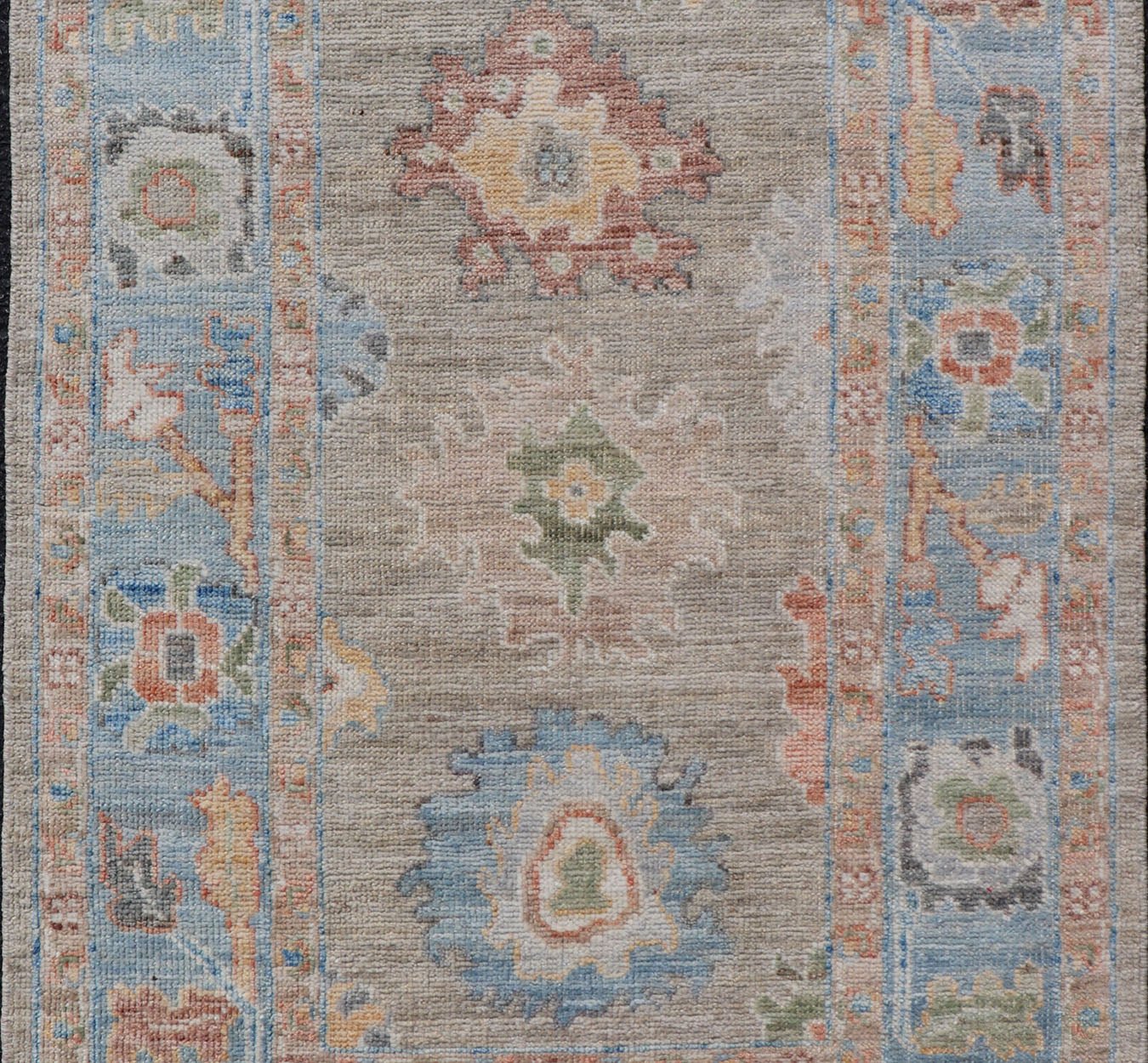 Measures: 2'7 x 4'0 Modern Floral Oushak With Sandy - Brown Background and A Sky Blue Border. Keivan Woven Arts; rug AWR - 12378 Country of Origin: Afghanistan Type: Oushak Design: Floral, Arabesque, All - Over. This piece gives a modern vibrancy... - Keivan Woven ArtsAWR - 12378 - 23258Rug
