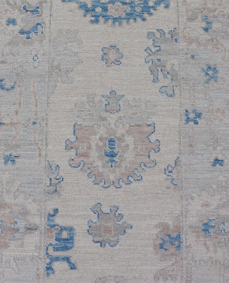 Measures: 2'11 x 12'11 Modern Oushak All - Over Floral Design Runner In Cream, Tan, and Blue. Keivan Woven Arts; rug AWR - 12597 Country of Origin: Afghanistan Type: Oushak Circa 2020 Key Words: Medallion Oushak Runner. This runner starts in th... - Keivan Woven ArtsAWR - 12597 - 23318Rug