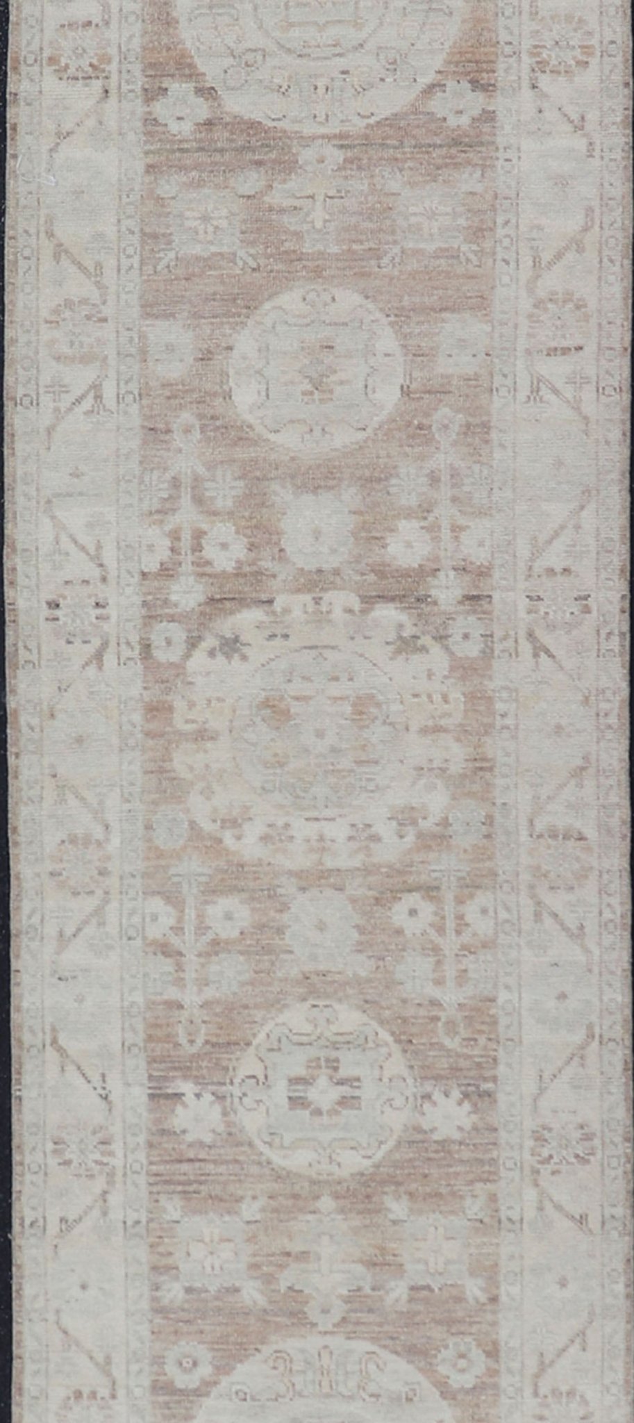 Measures: 2'9 x 14'4 Khotan Design Runner with All - Over Geometric - Circle Medallion Pattern. AWR - 12602 / rug/AWR - 12602 country of origin / type: Afghanistan / Khotan This Khotan features a geometric all - over circle design flanked by a repeati... - Keivan Woven ArtsAWR - 12602 - 23324