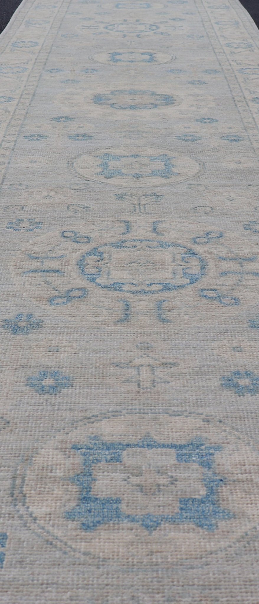 Measures: 2'11 x 13'3 Modern Oushak Medallion Design Runner In Blue & Earthy Colors With Medallions. Keivan Woven Arts; rug AWR - 12603 Country of Origin: Afghanistan Type: Oushak Circa 2020 Key Words: Medallion Oushak Runner. Decorative motifs c... - Keivan Woven ArtsAWR - 12603 - 23330Rug