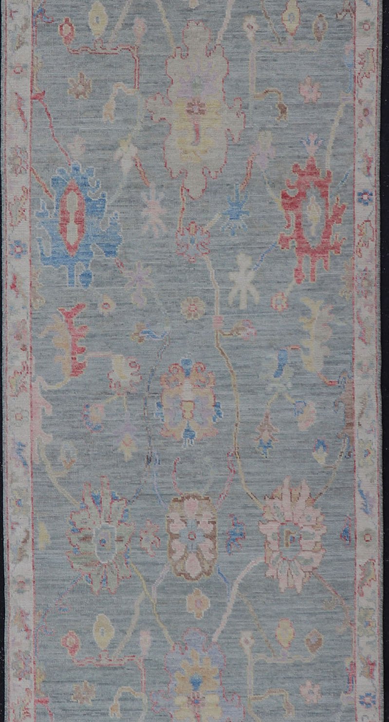 Measures: 3'3 x 11'7 Modern Floral Oushak Runner In Light Grey Background With All - Over Design. Keivan Woven Arts; rug AWR - 12616 Country of Origin: Afghanistan Type: Oushak Design: All - Over, Floral. This hand - knotted Oushak runner has a very... - Keivan Woven ArtsAWR - 12616 - 23336Rug