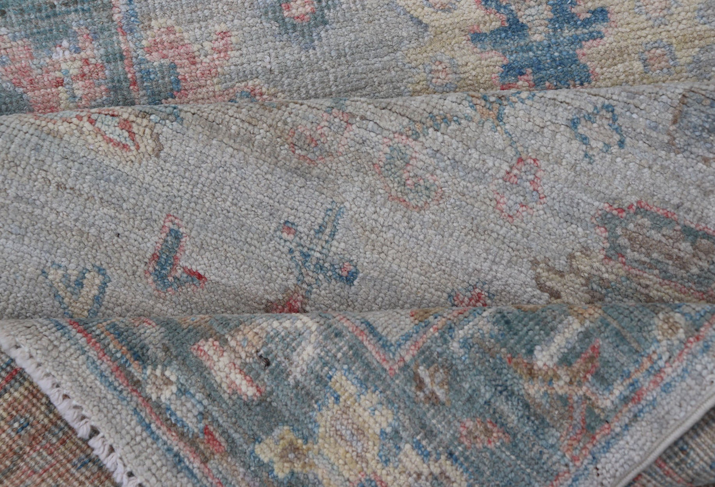 Measures: 2'5 x 9'10 Hand - Knotted Modern Oushak Runner on Light Gray Field and Colorful Motifs. Keivan Woven Arts; rug AWR - 12648 Country of Origin: Afghanistan Type: Oushak Design: Floral, All - Over, Arabesque 21st Century This Oushak runner... - Keivan Woven ArtsAWR - 12648 - 23348Rug