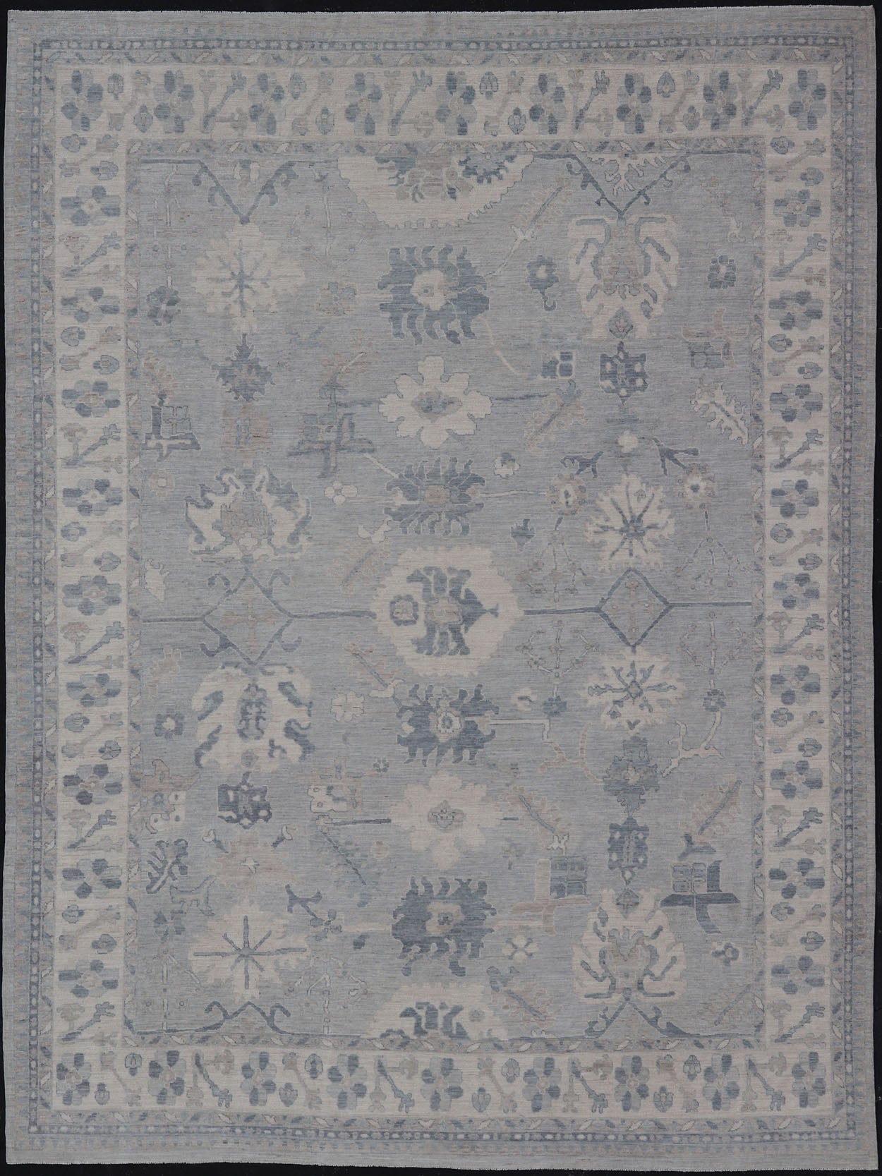 Measures: 11'3 x 14'11 Large Modern Oushak with Floral Motifs with Cream, Grey, Blue, and Powder Blue. Keivan Woven Arts; rug AWR - 12704 Country of Origin: Afghanistan Type: Oushak Design: Floral, All - Over Abstract - Tribal 21st century. This ... - Keivan Woven ArtsAWR - 12704 - 23414Rug