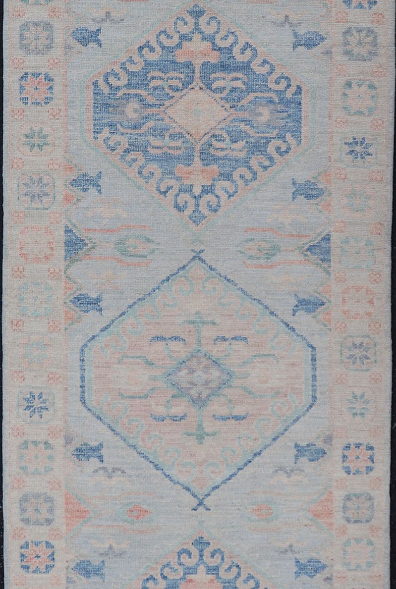 Measures: 2'10 x 9'10 Modern Oushak Medallion Design Runner With Light Blue Color With Muted Colors. Keivan Woven Arts; rug AWR - 12848 / Country of Origin: Afghanistan Type: Oushak Circa 2010 Key Words: Medallion Oushak Runner. This runner p... - Keivan Woven ArtsAWR - 12848 - 23354Rug