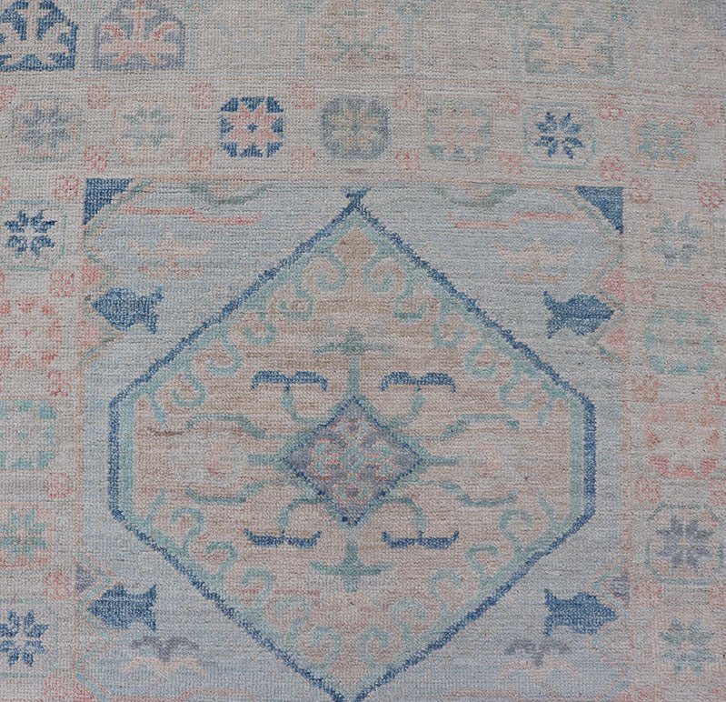 Measures: 2'10 x 9'10 Modern Oushak Medallion Design Runner With Light Blue Color With Muted Colors. Keivan Woven Arts; rug AWR - 12848 / Country of Origin: Afghanistan Type: Oushak Circa 2010 Key Words: Medallion Oushak Runner. This runner p... - Keivan Woven ArtsAWR - 12848 - 23354Rug