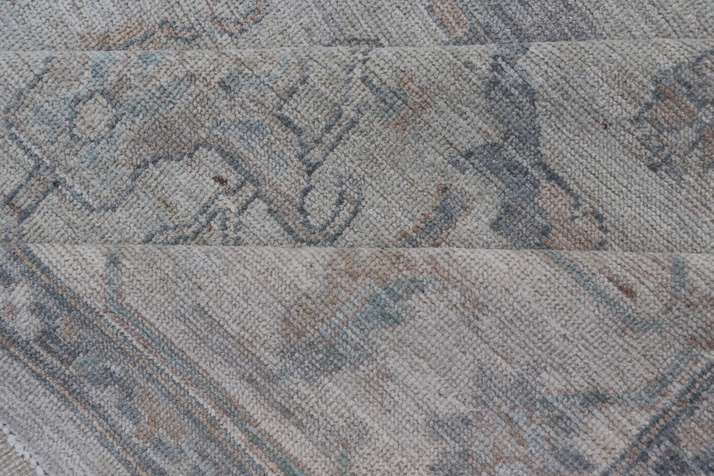 Measures: 13'4 x 20'0 Large Modern Oushak Floral Motif on Light Grey Background and Muted Design. Keivan Woven Arts; rug AWR - 15243 Country of Origin: Afghanistan Type: Oushak Design. The border and field are covered in floral - like motifs filled ... - Keivan Woven ArtsAWR - 15243 - 23438Rug