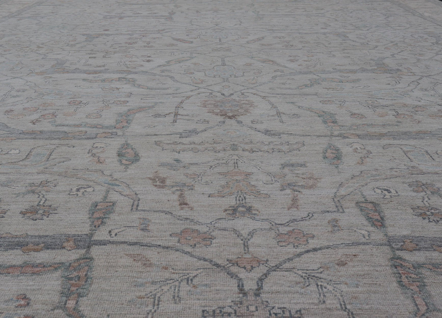 Measures: 13'4 x 20'0 Large Modern Oushak Floral Motif on Light Grey Background and Muted Design. Keivan Woven Arts; rug AWR - 15243 Country of Origin: Afghanistan Type: Oushak Design. The border and field are covered in floral - like motifs filled ... - Keivan Woven ArtsAWR - 15243 - 23438Rug