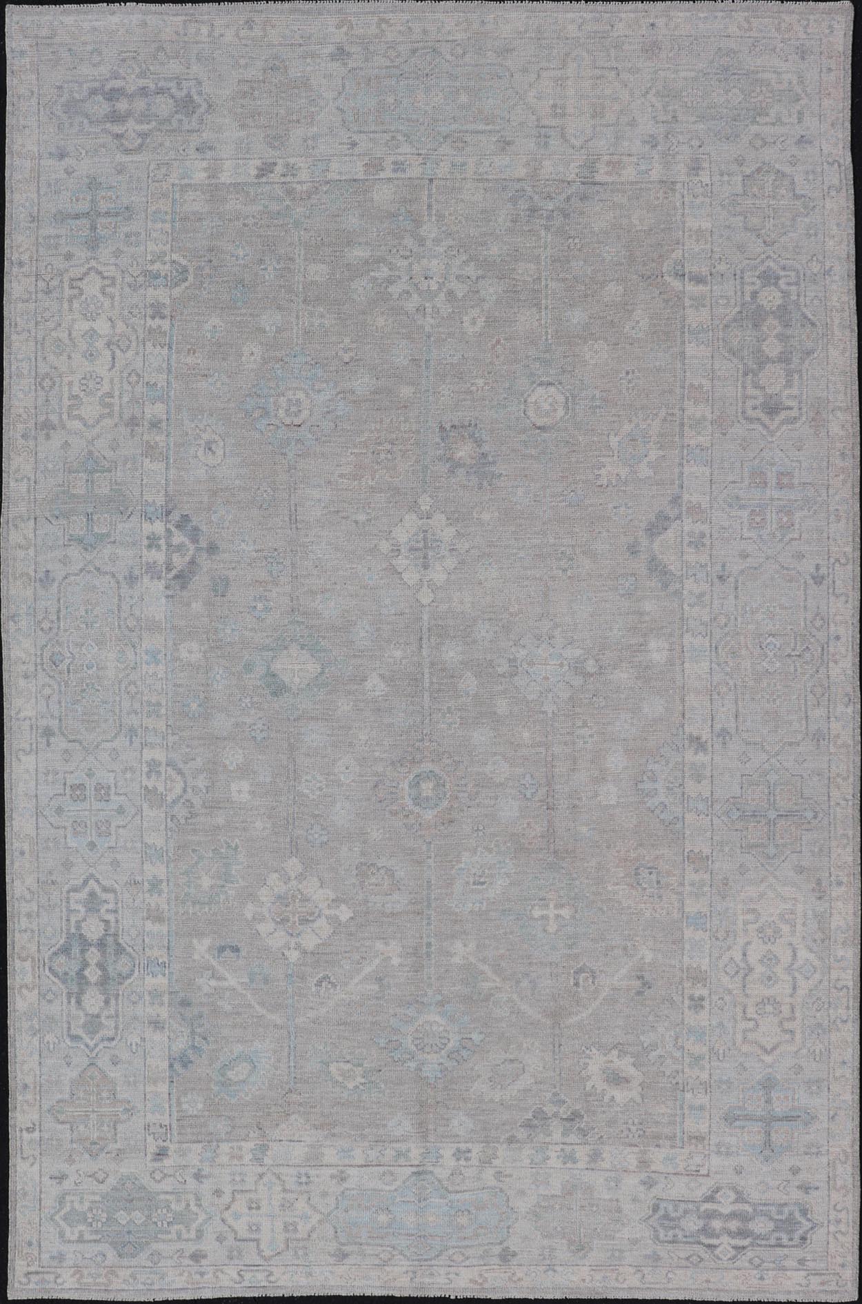 Modern Oushak with Floral Motifs with Cream, Grey, Blue, and Powder Blue. Keivan Woven Arts; rug AWR - 16034 Country of Origin: Afghanistan Type: Oushak Design: Floral, All - Over Abstract - Tribal 21st century. Measures: 6'2 x 10'0 This modern Ousha... - Keivan Woven ArtsAWR - 16034 - 24241Rug
