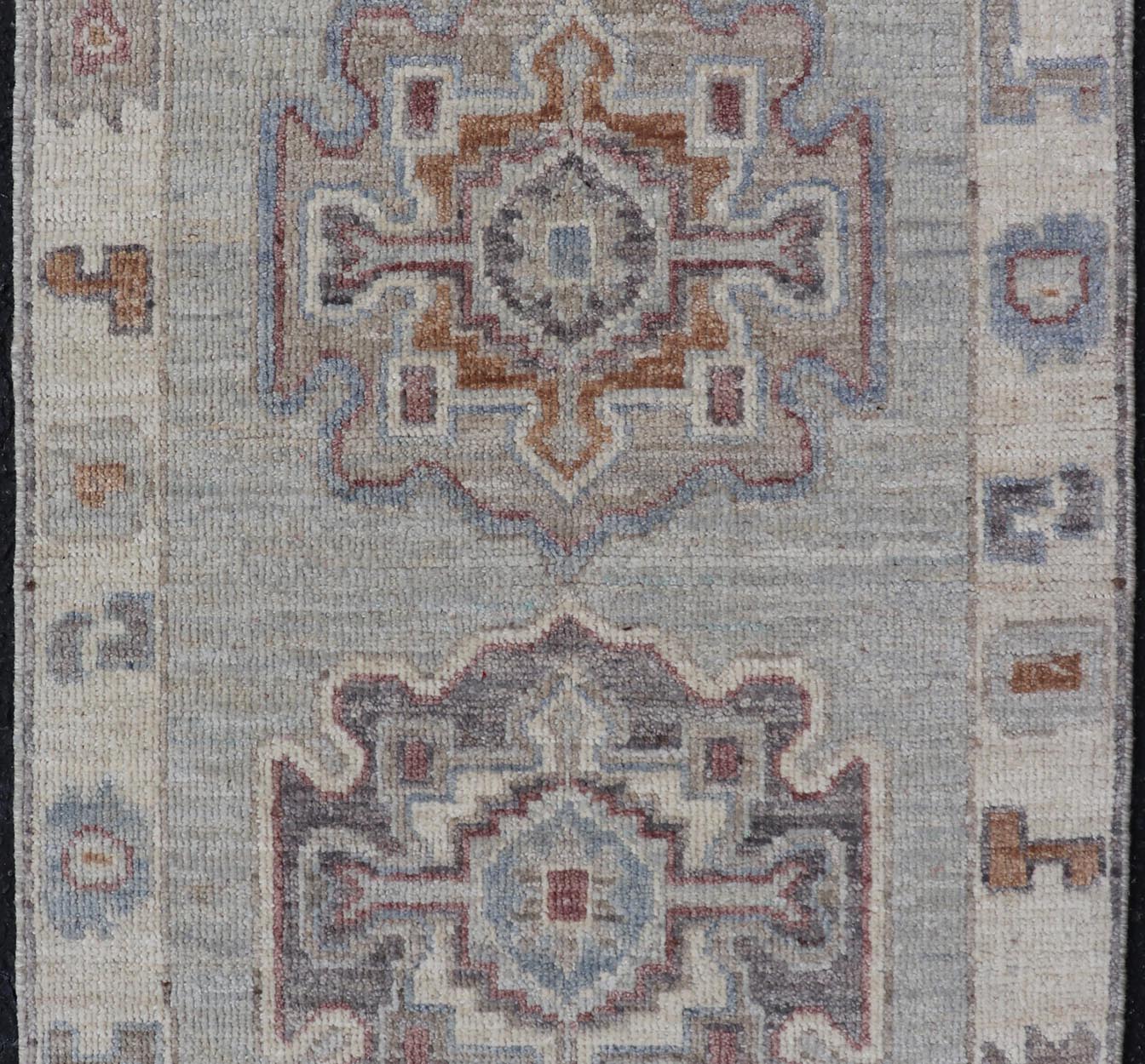 Modern Oushak Medallion Motif's on Light Grey Background and Earthy Tones. Keivan Woven Arts; rug AWR - 10644 Country of Origin: Afghanistan Type: Oushak Design. Measures: 2'0 x 3'2 The border and field are covered in floral - like motifs filled wit... - Keivan Woven ArtsAWR - 16044 - 24229Rug
