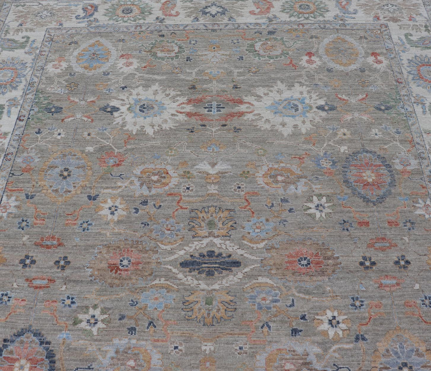 Measures: 9'0 x 12'4 Modern All - Over Floral Oushak by Keivan Woven Arts. Country of Origin: Afghanistan Type: Oushak Design: All - Over, Floral, 21st Century. Keivan Woven Arts: rug AWR - 164 Modern Oushak featuring an all - over floral design, re... - Keivan Woven ArtsAWR - 164 - 27430Rug