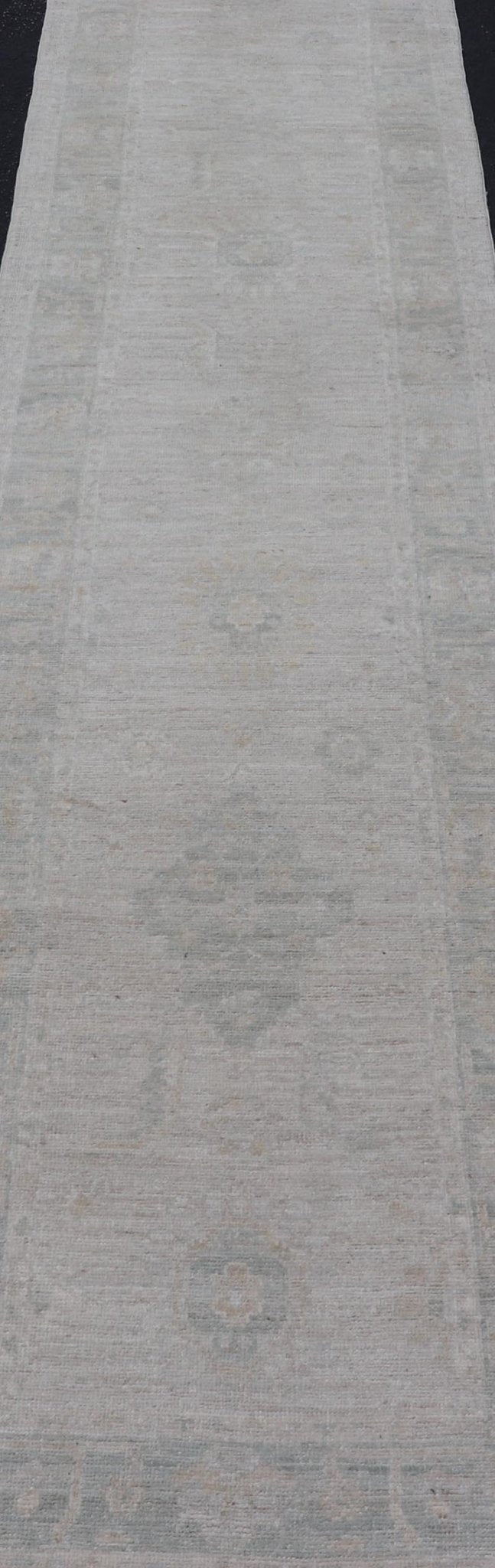 Hand - Knotted Oushak Runner with Medallion Design On A Cream Field With Blues. Keivan Woven Arts; rug AWR - 16727 Country of Origin: Afghanistan Type: Oushak Design: Medallion, Motif, Floral Motif. Measures: 2'8 x 11'10 This modern Oushak which ar... - Keivan Woven ArtsAWR - 16727 - 24294Rug