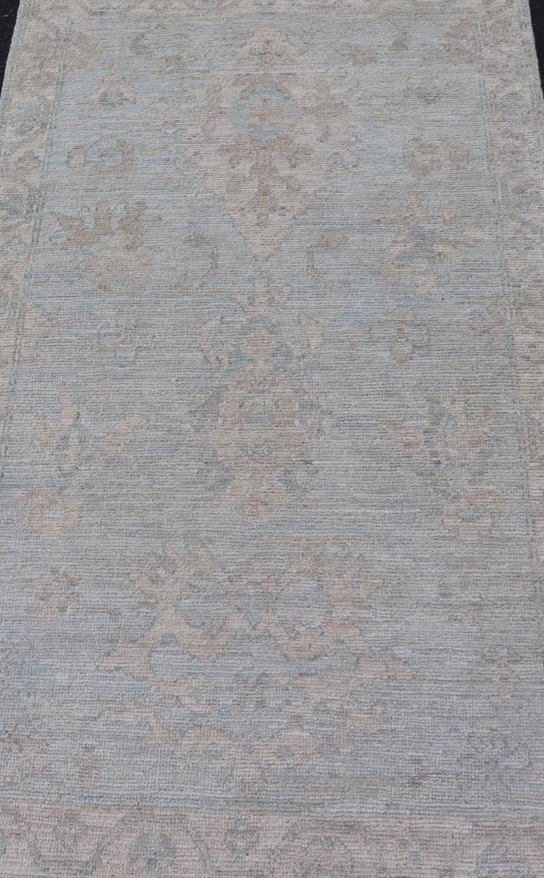 Modern Oushak Rug in All - Over Floral Motifs in Light Blue - Gray and Creams. Keivan Woven Arts; rug AWR - 16788 Country of Origin: Afghanistan Type: Oushak Design: All - Over, Floral. Measures: 2'11 x 5'3 Hand - Knotted in wool, this rustic looking flo... - Keivan Woven ArtsAWR - 16788 - 24456Rug