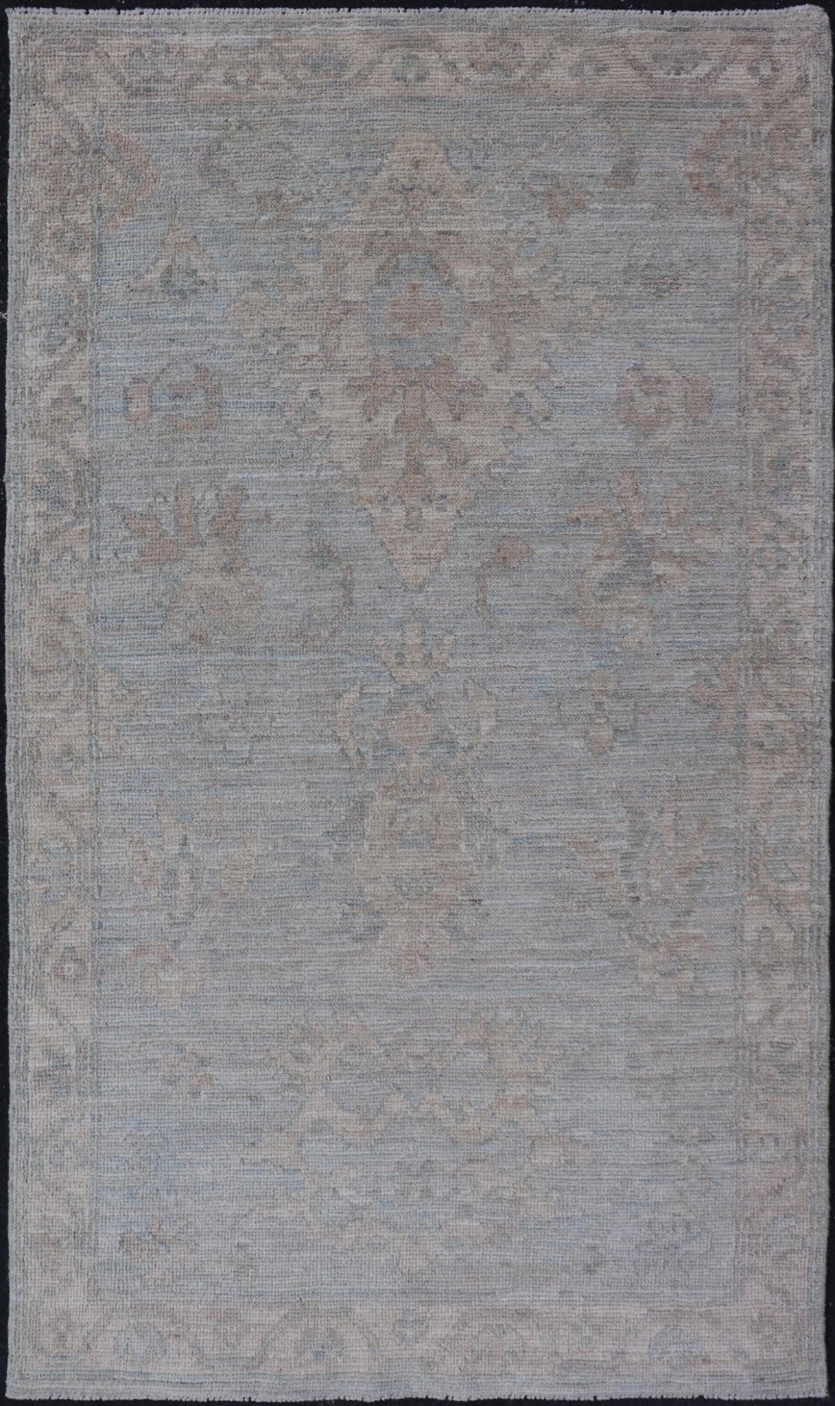 Modern Oushak Rug in All - Over Floral Motifs in Light Blue - Gray and Creams. Keivan Woven Arts; rug AWR - 16788 Country of Origin: Afghanistan Type: Oushak Design: All - Over, Floral. Measures: 2'11 x 5'3 Hand - Knotted in wool, this rustic looking flo... - Keivan Woven ArtsAWR - 16788 - 24456Rug