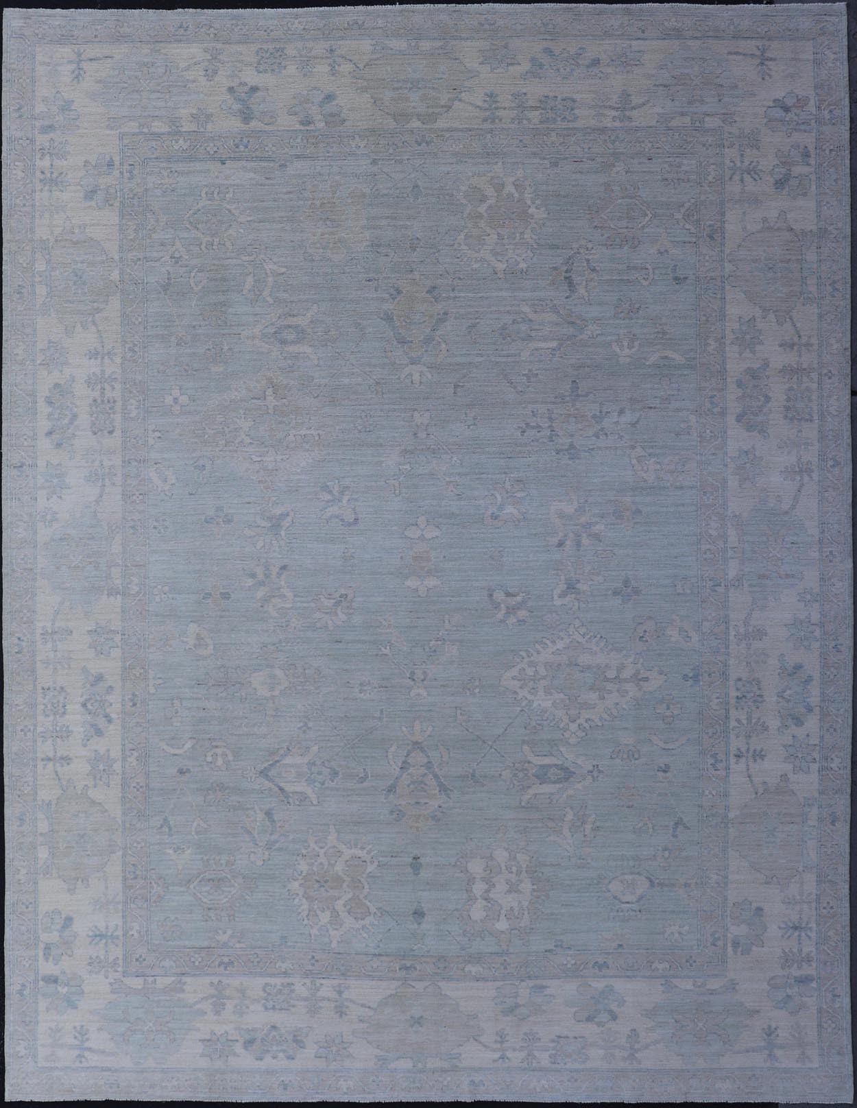 Oushak Modern with Floral Motifs with Cream, Grey, Blue, and Powder Blue. Keivan Woven Arts; rug AWR - 17574 Country of Origin: Afghanistan Type: Oushak Design: Floral, All - Over Abstract - Tribal 21st century. Measures: 8'10 x 11'9 This modern Oush... - Keivan Woven ArtsAWR - 17574 - 25030Rug