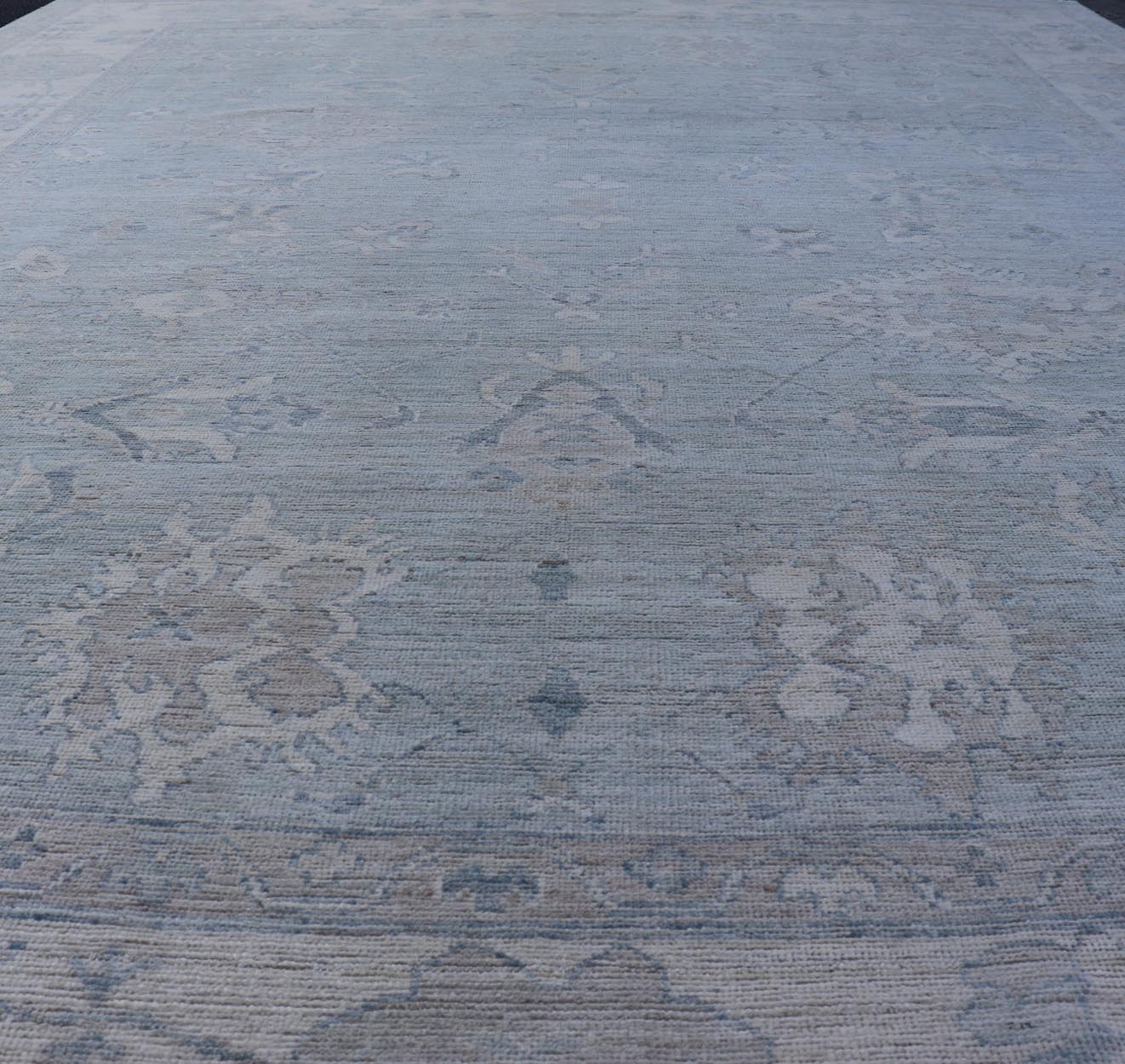 Oushak Modern with Floral Motifs with Cream, Grey, Blue, and Powder Blue. Keivan Woven Arts; rug AWR - 17574 Country of Origin: Afghanistan Type: Oushak Design: Floral, All - Over Abstract - Tribal 21st century. Measures: 8'10 x 11'9 This modern Oush... - Keivan Woven ArtsAWR - 17574 - 25030Rug