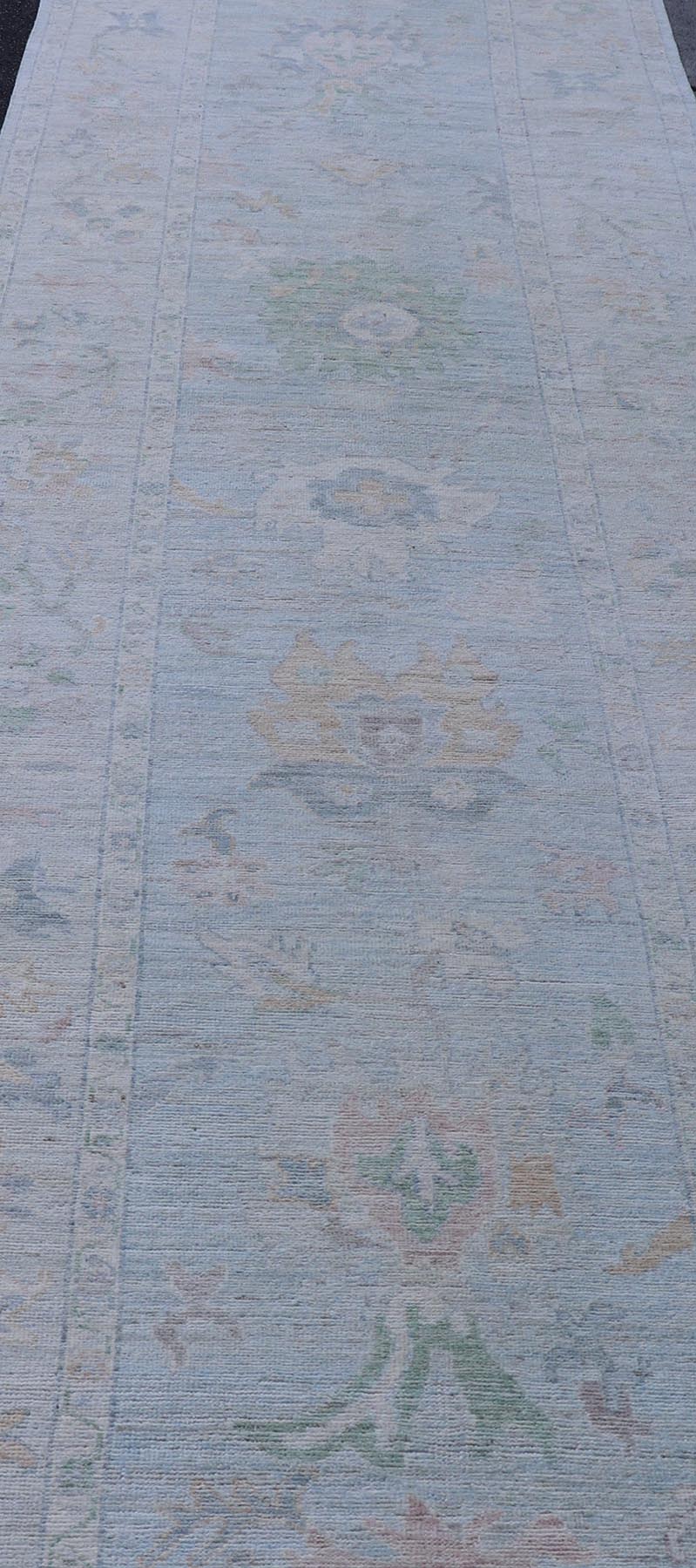 Neutral Color Gallery Oushak Runner with Medallion Design in Light Blue Field. Keivan Woven Arts; rug AWR - 17798 Country of Origin: Afghanistan Type: Oushak Design: Medallion, Motif, Floral Motif. Measures: 4'2 x 18'2 This modern piece holds med... - Keivan Woven ArtsAWR - 17798 - 25060Rug