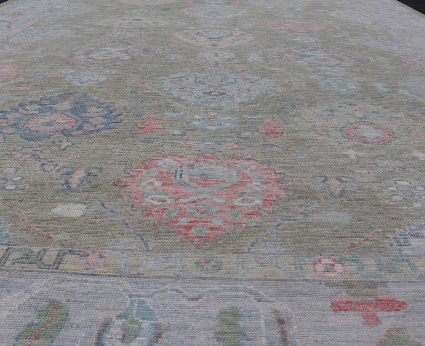 Measures: 9'1 x 12'0 Keivan Woven Arts Hand - Knotted Transitional Neutral Oushak Rug. Keivan Woven Arts; rug AWR - 378 / Country of Origin: Afghanistan Type: Oushak Design: All - Over, Floral. Above lays a modest Oushak - styled floral design reaching... - Keivan Woven ArtsAWR - 378 - 27448Rug