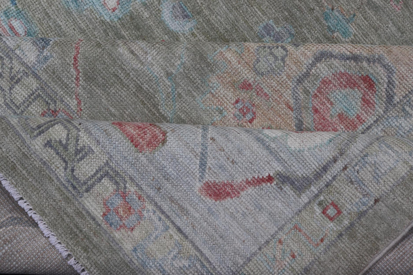 Measures: 9'1 x 12'0 Keivan Woven Arts Hand - Knotted Transitional Neutral Oushak Rug. Keivan Woven Arts; rug AWR - 378 / Country of Origin: Afghanistan Type: Oushak Design: All - Over, Floral. Above lays a modest Oushak - styled floral design reaching... - Keivan Woven ArtsAWR - 378 - 27448Rug