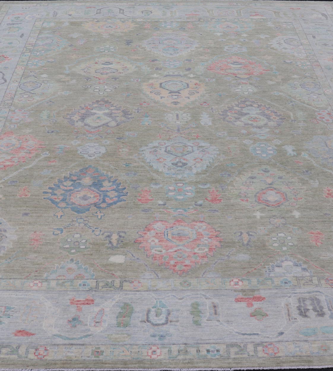 Measures: 9'1 x 12'0 Keivan Woven Arts Hand - Knotted Transitional Neutral Oushak Rug. Keivan Woven Arts; rug AWR - 378 / Country of Origin: Afghanistan Type: Oushak Design: All - Over, Floral. Above lays a modest Oushak - styled floral design reaching... - Keivan Woven ArtsAWR - 378 - 27448Rug