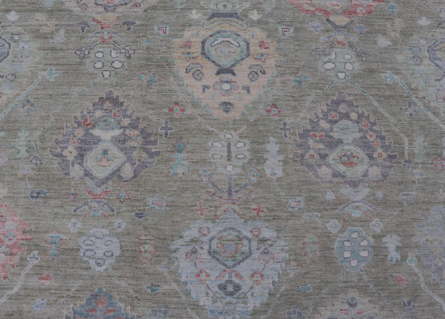Measures: 9'1 x 12'0 Keivan Woven Arts Hand - Knotted Transitional Neutral Oushak Rug. Keivan Woven Arts; rug AWR - 378 / Country of Origin: Afghanistan Type: Oushak Design: All - Over, Floral. Above lays a modest Oushak - styled floral design reaching... - Keivan Woven ArtsAWR - 378 - 27448Rug