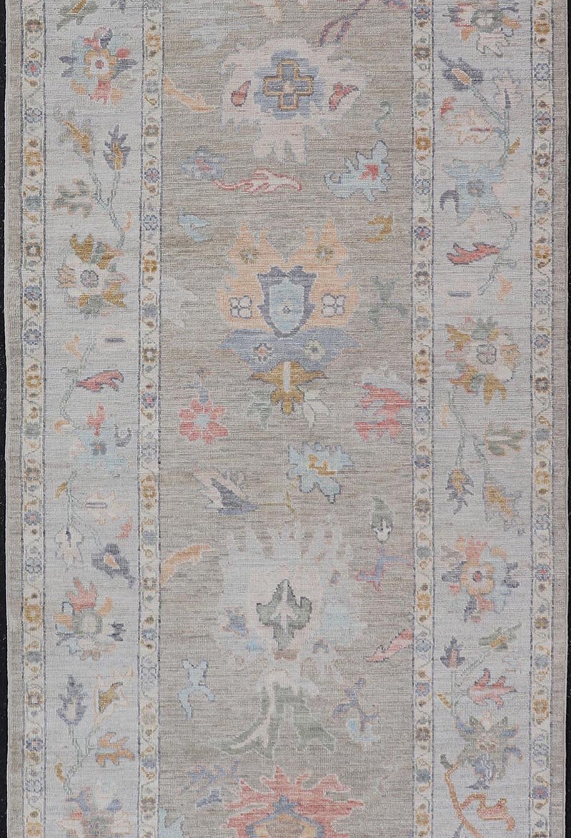 Measures: 4'1 x 11'5 Gallery Oushak Runner by Keivan Woven Arts with Floral Design. Keivan Woven Arts; rug AWR - 460 Country of Origin: Afghanistan Type: Oushak Design: Medallion, Motif, Floral Motif. This modern piece holds all - over design in th... - Keivan Woven ArtsAWR - 460 - 27466Rug