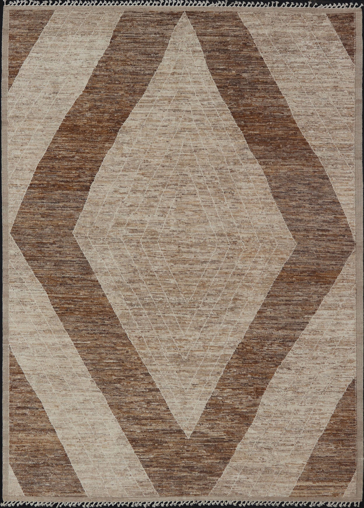 Measures: 10'6 x 14'1. This modern casual tribal rug has been hand - knotted in wool. The rug features a large modern diamond design, rendered in brown, tan, and cream; making this rug a superb fit for a variety of interiors. Modern Hand - Knotted Ru... - Keivan Woven ArtsAWR - 5004 - 17148Rug