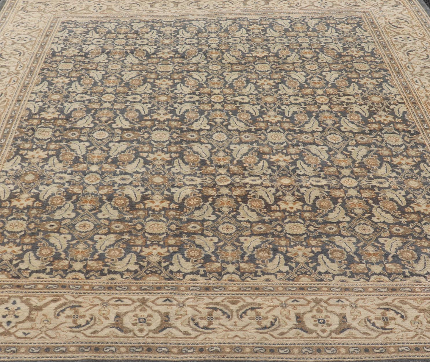 Measures: 9'7 x 11'7 Modern Tabriz Design with Sub - Geometric Herati Design On A Blue Background. Floral Herati Tabriz, Keivan Woven Arts/rug AWR - 59, country of origin / type: Egypt / Tabriz Design, circa 2020s. This hand knotted Modern Tabriz de... - Keivan Woven ArtsAWR - 59 - 23163